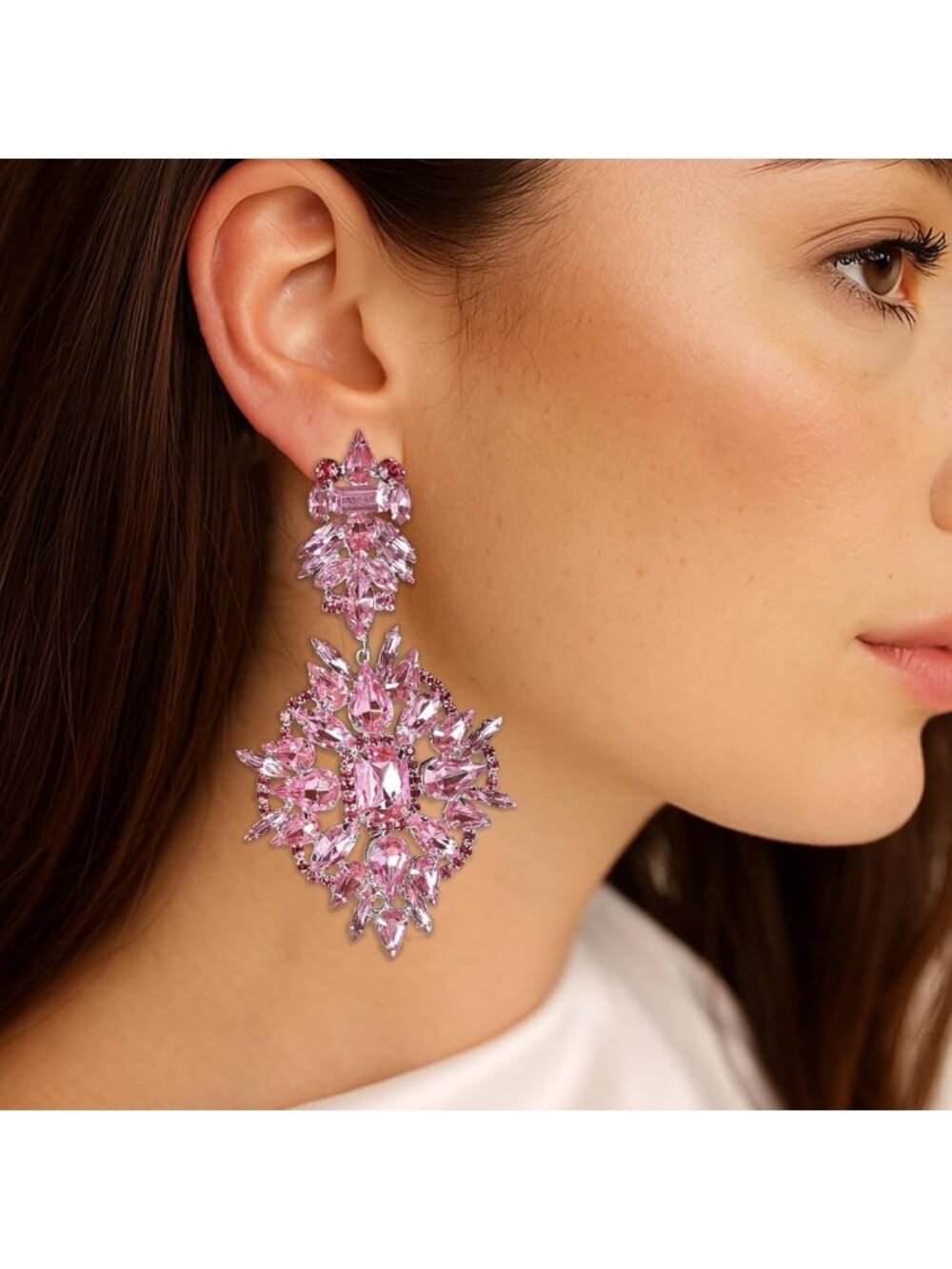 Trendy Silver Chandelier Earrings, Oversized Crystal Rhinestone Statement - Picture 9 of 9